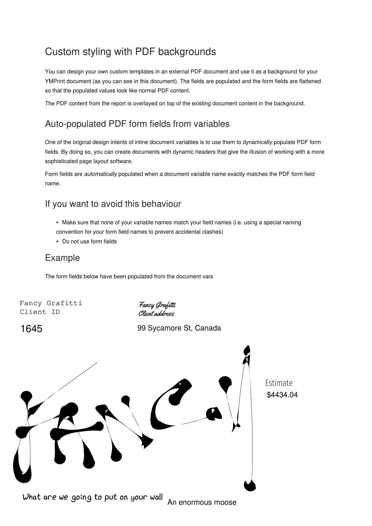 PDF backgrounds — content overlaid on a custom template with populated form fields
