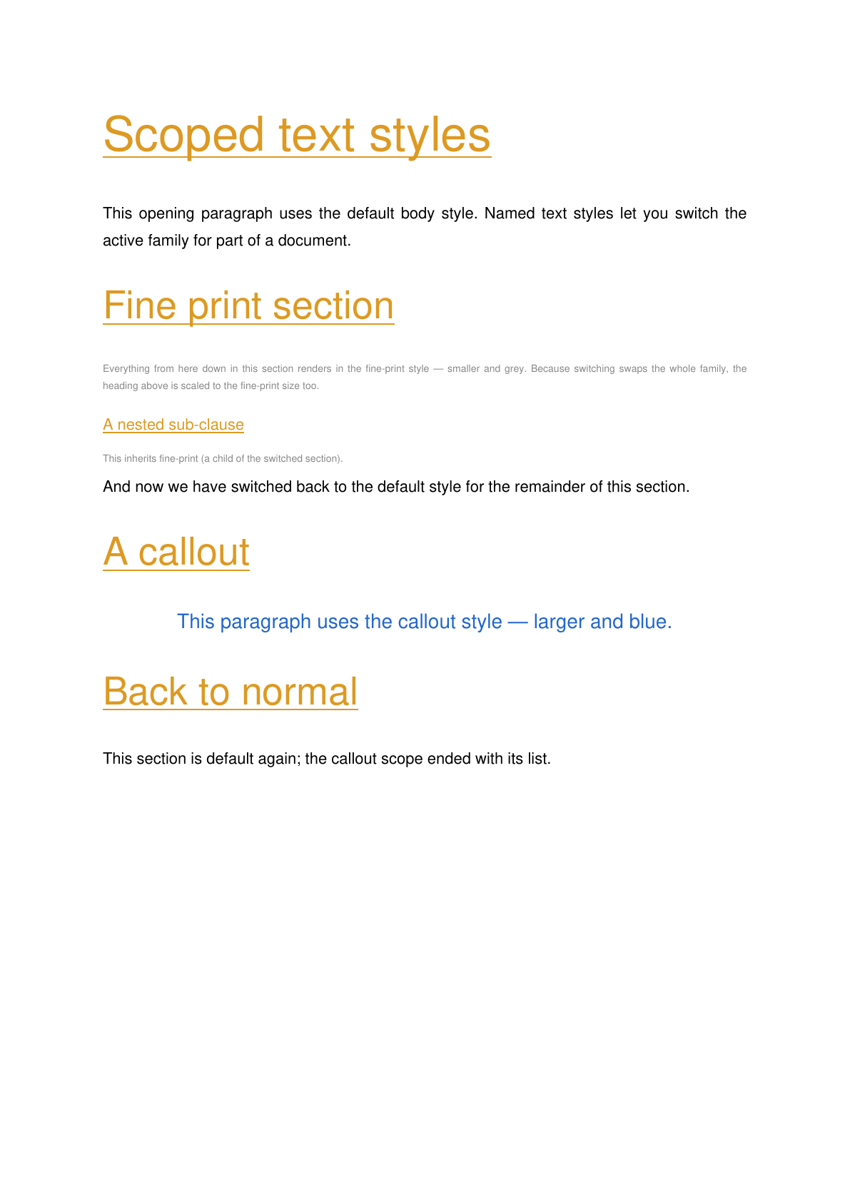 Scoped text styles — default, fine-print, and callout families switched within one document